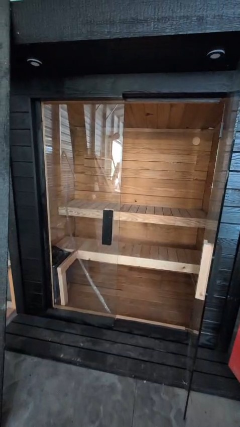 Black Cube Sauna with Downlit Canopy, one of the builds in our video walkthroughs